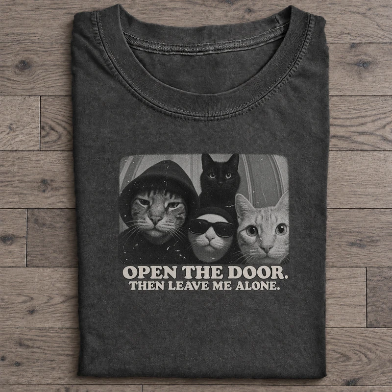 Open the Door Then Leave Graphic T-Shirt on washed-black cotton T-shirt