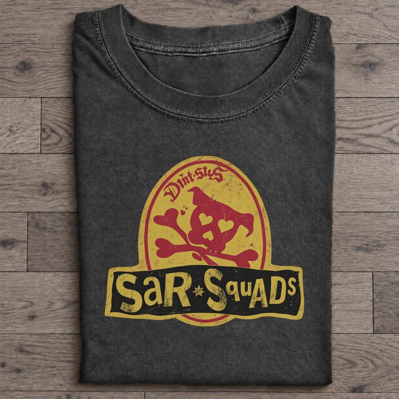 Red Gold Skull Badge Graphic T-Shirt on washed-black cotton T-shirt