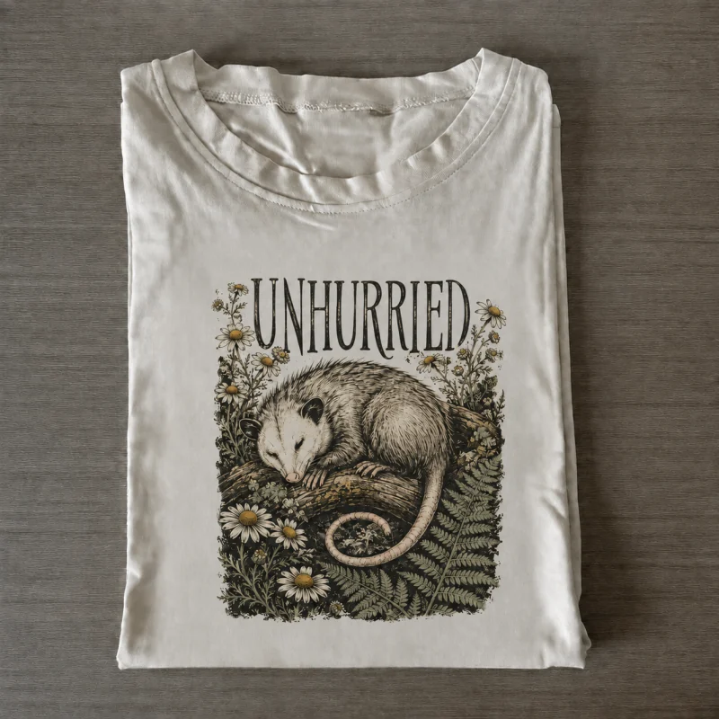 Folded ivory T-shirt with unhurried opossum botanical artwork