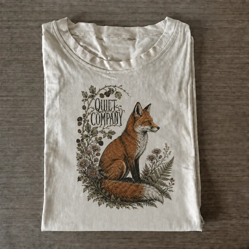 Folded ivory T-shirt with quiet company fox artwork