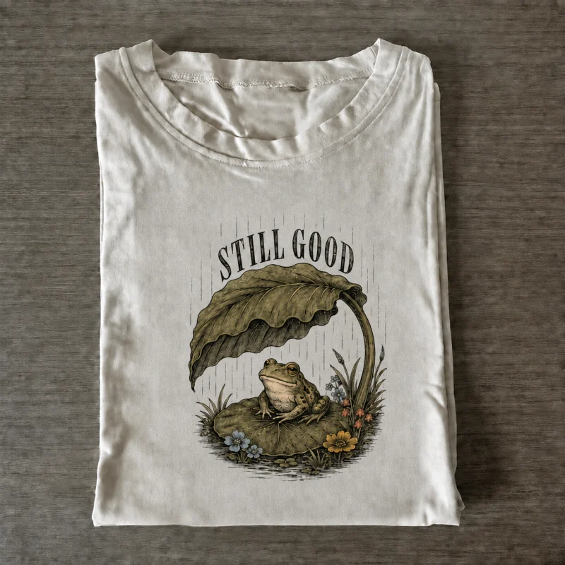 Folded ivory T-shirt with still good rainy day frog artwork