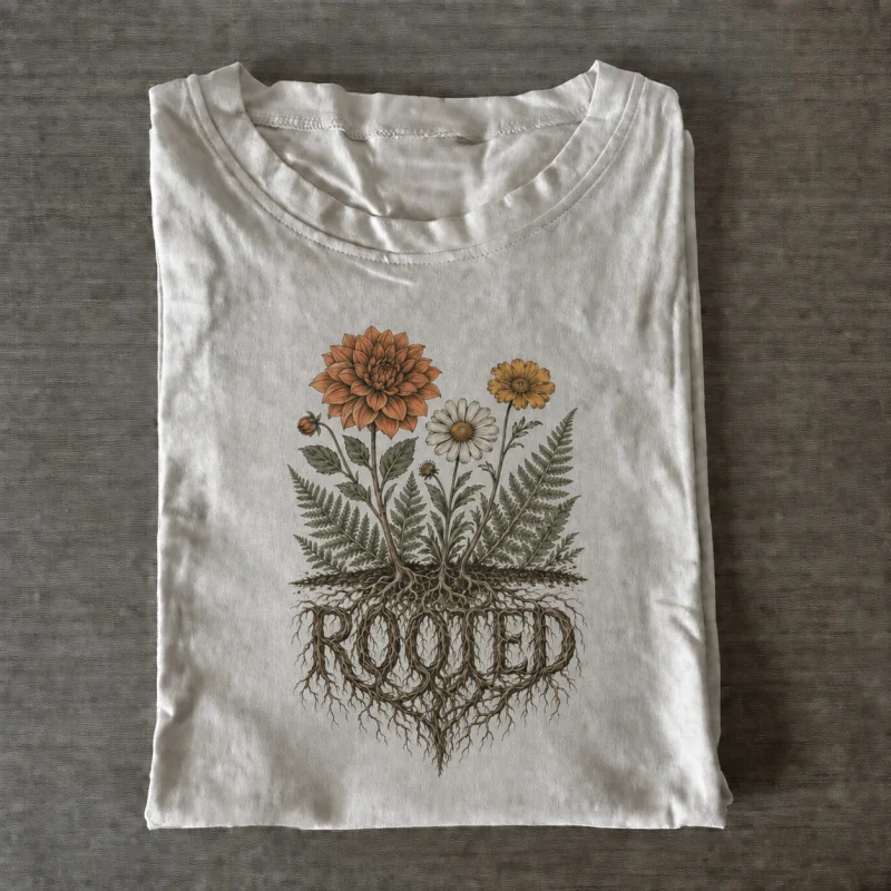 Folded ivory T-shirt with rooted wildflower artwork