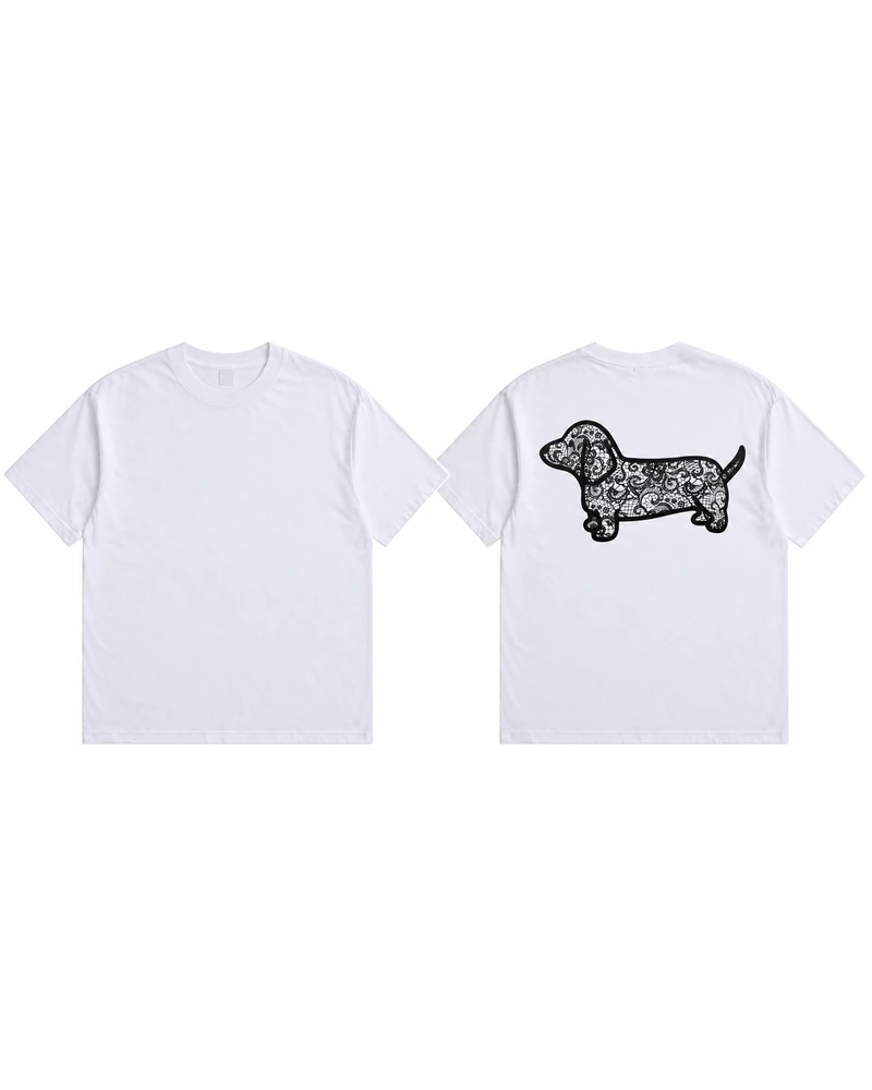 Lace Dachshund Back Print T-shirt — front and back product views