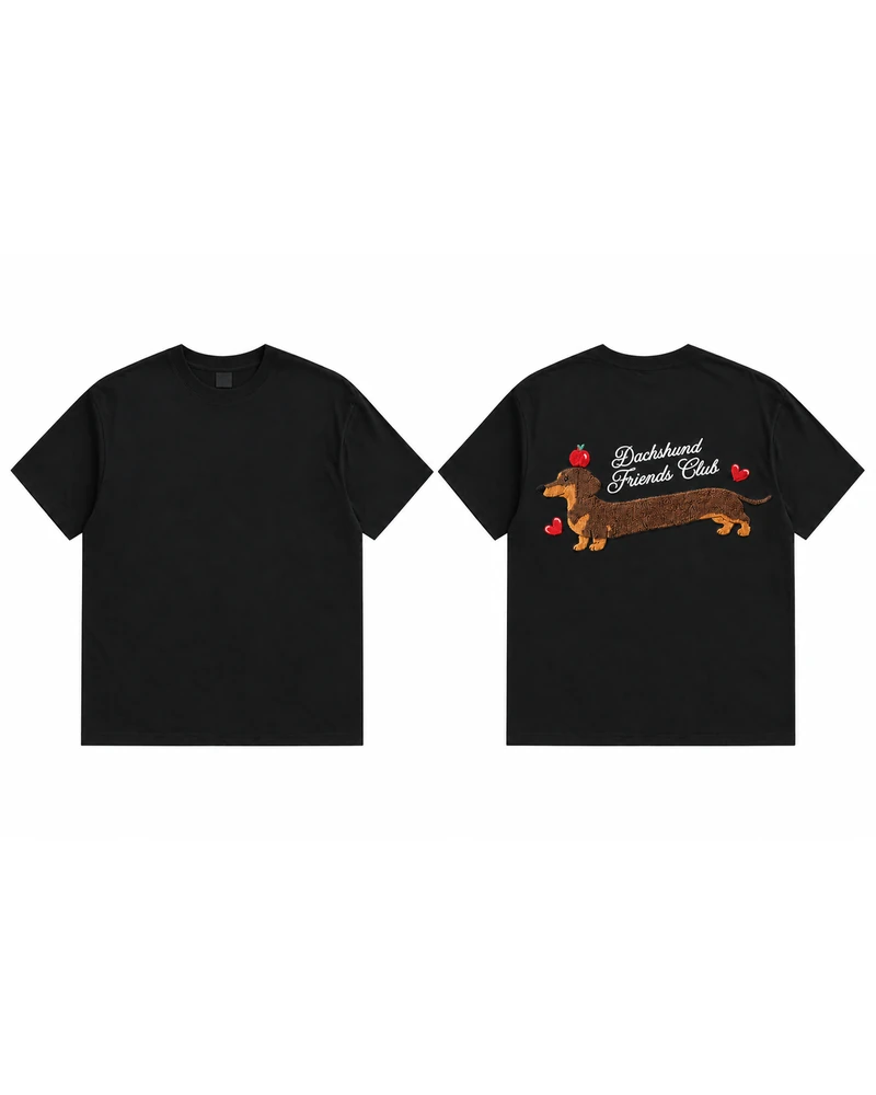 Dachshund Friends Club Back Print T-shirt — front and back product views