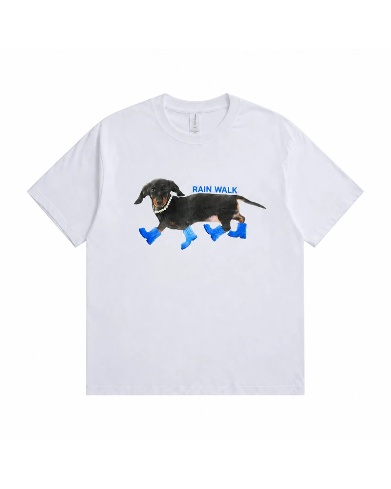 Rain Walk Blue Boots Dachshund T-shirt — complete product view