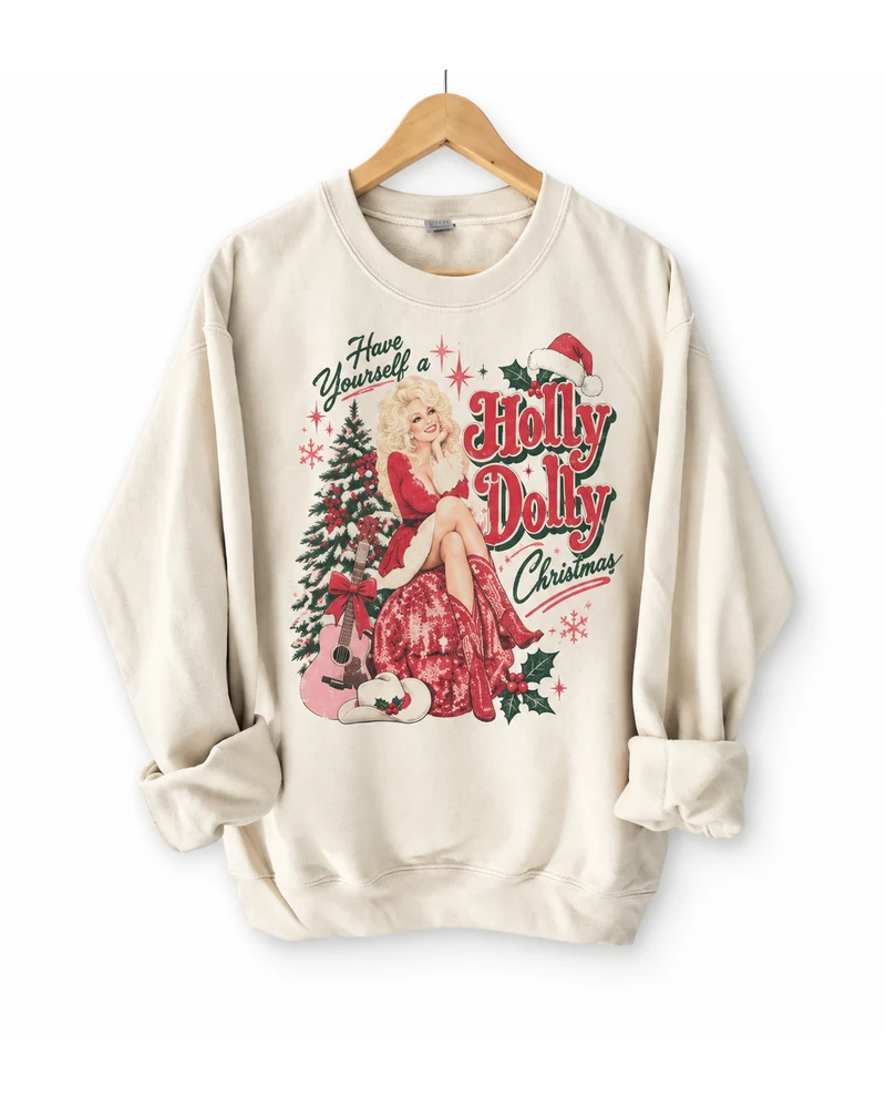 Holly Dolly Christmas Collage Sweatshirt — complete product view