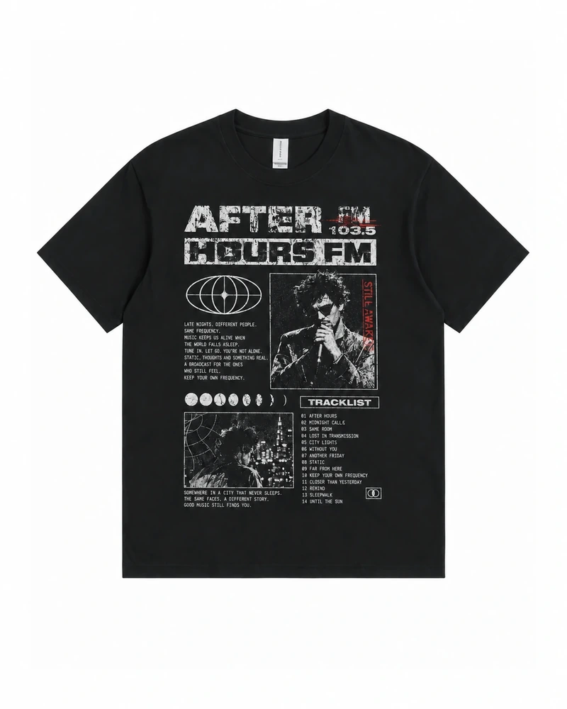 Black After Hours Fm Graphic T-shirt, complete front product view