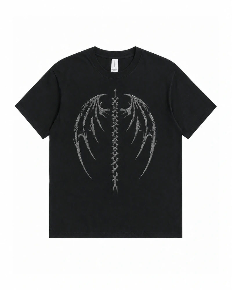 Black Spine Wings Graphic T-shirt, complete front product view