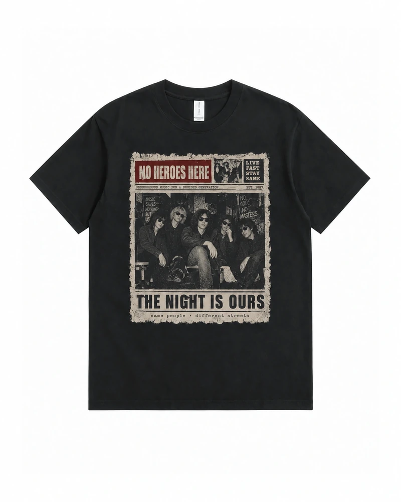 Black No Heroes Here Graphic T-shirt, complete front product view