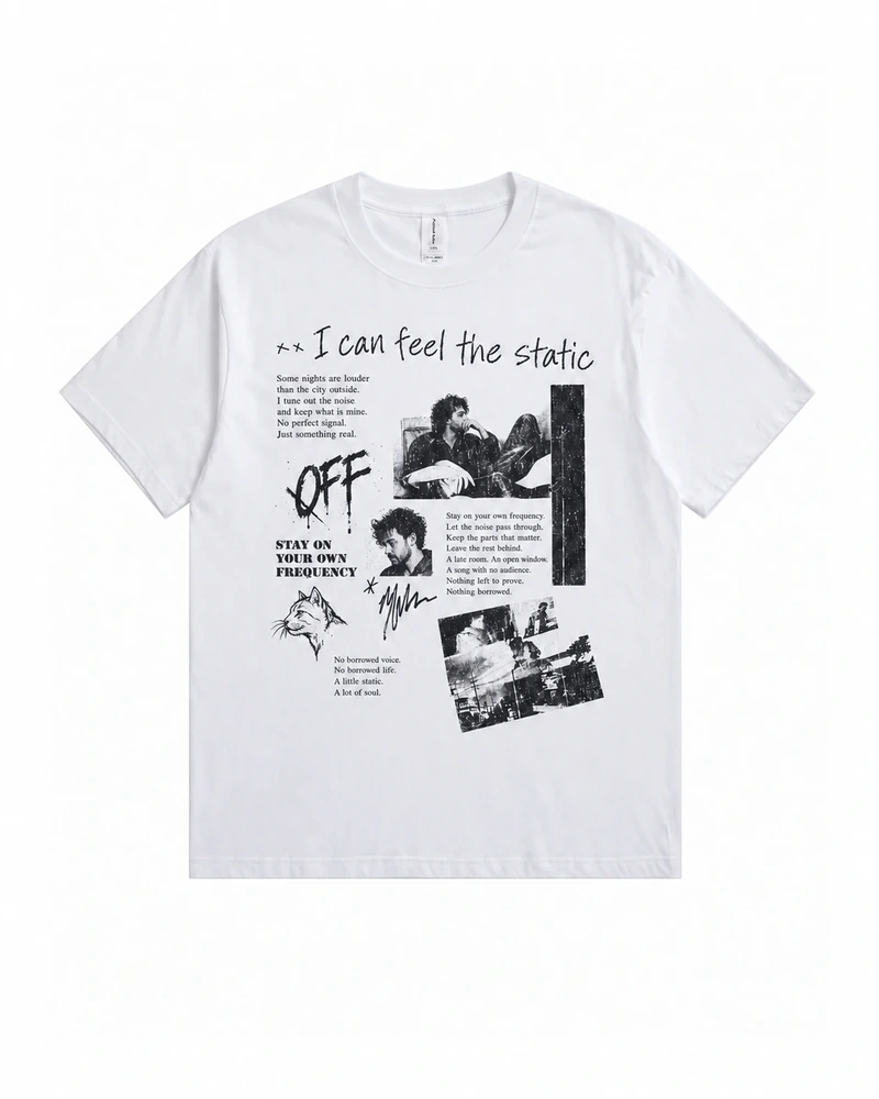 White I Can Feel The Static Graphic T-shirt, complete front product view
