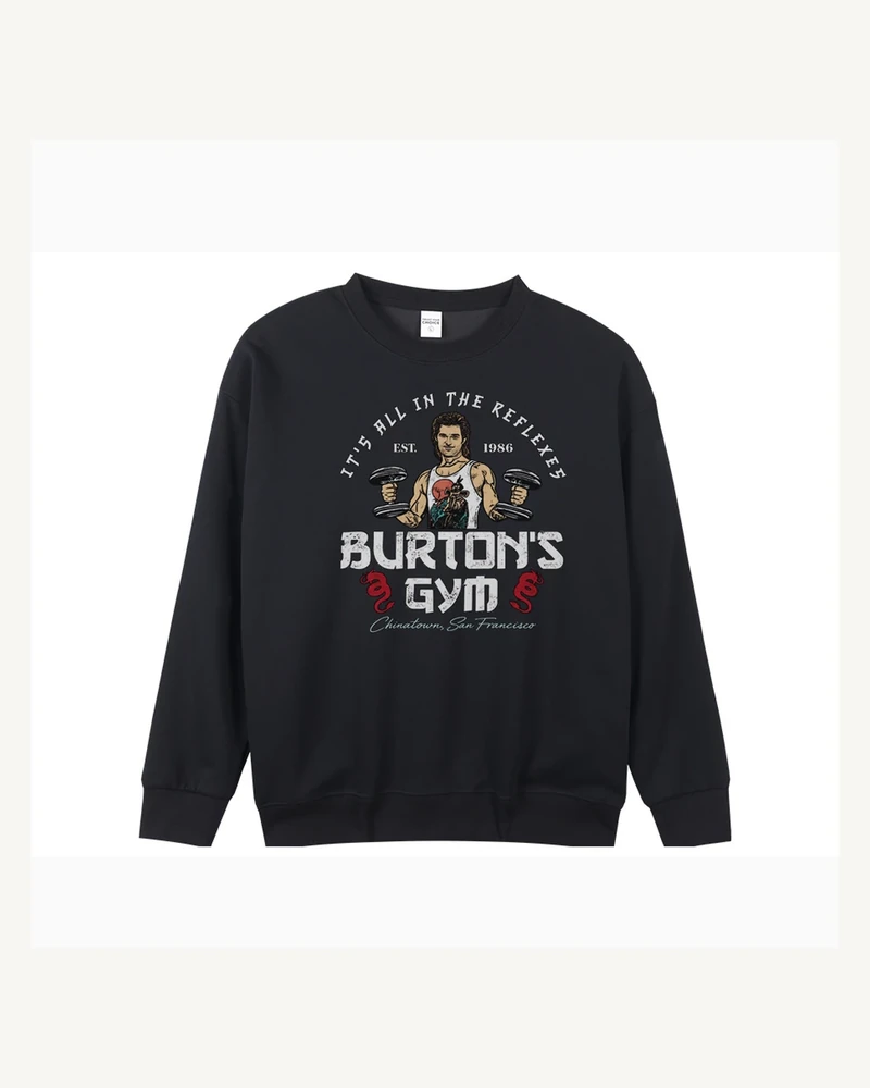Black crewneck sweatshirt with front graphic print