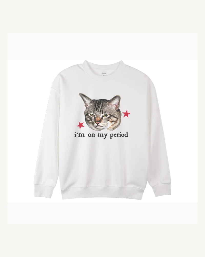 White crewneck sweatshirt with front graphic print