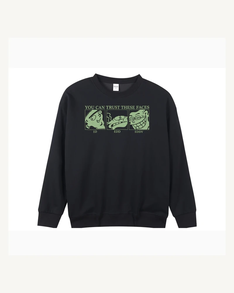 Black crewneck sweatshirt with front graphic print