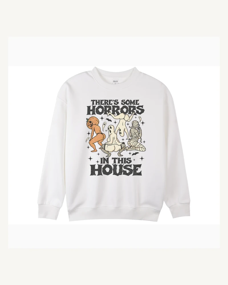 White crewneck sweatshirt with front graphic print