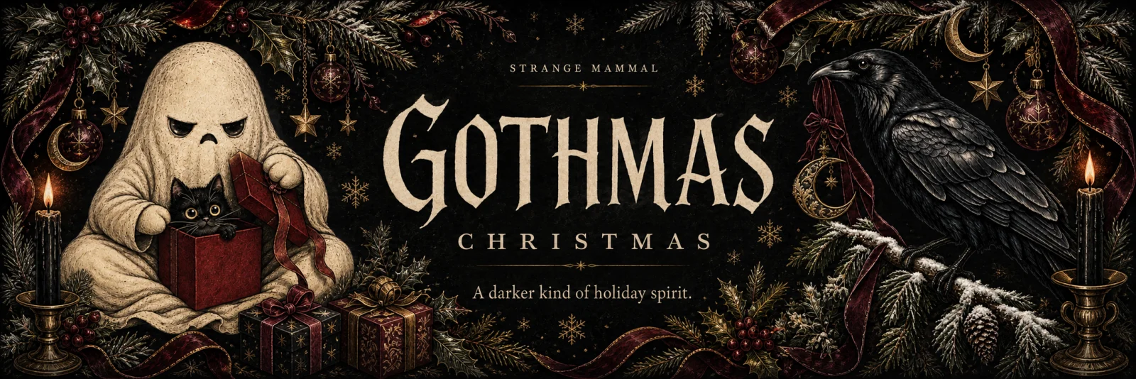 Gothmas Christmas — A darker kind of holiday spirit. A ghost with a black cat gift, a raven, candles and gothic Christmas ornaments.