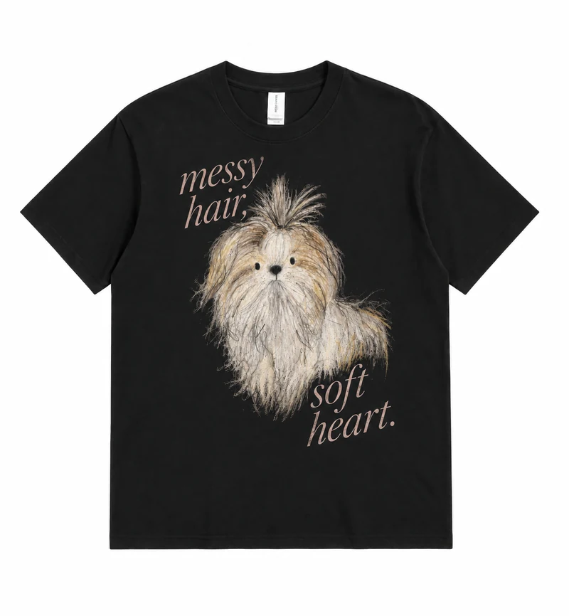 Complete front view of Messy Hair Soft Heart Dog T-Shirt