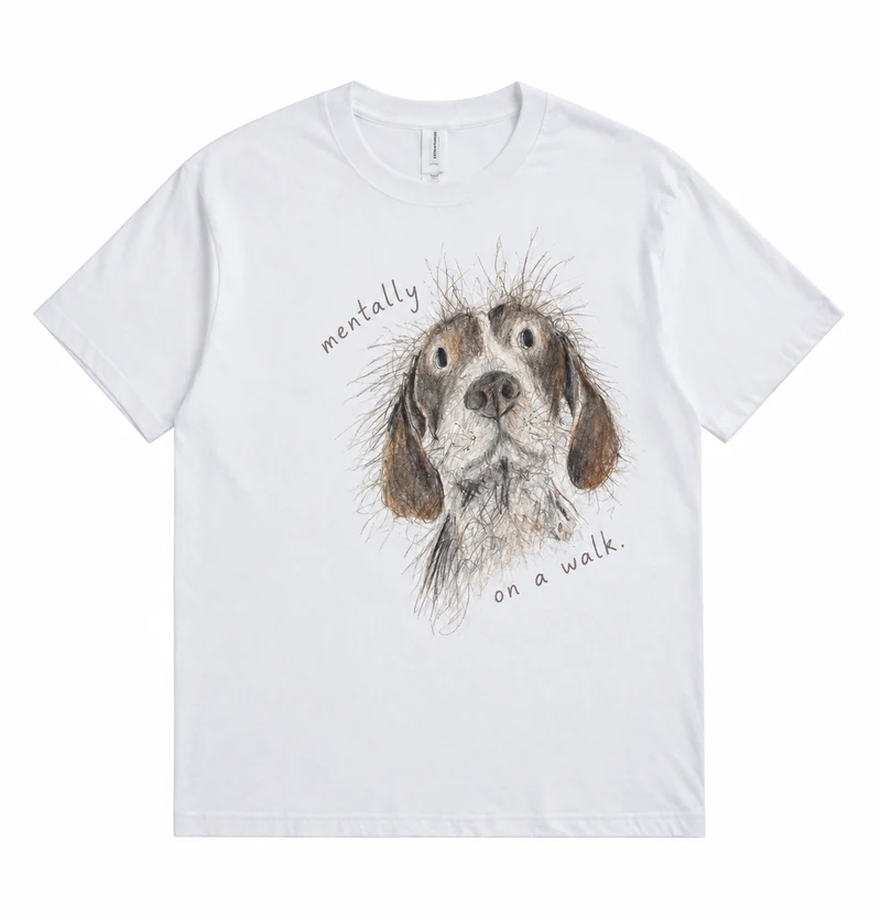 Complete front view of Mentally On a Walk Dog T-Shirt