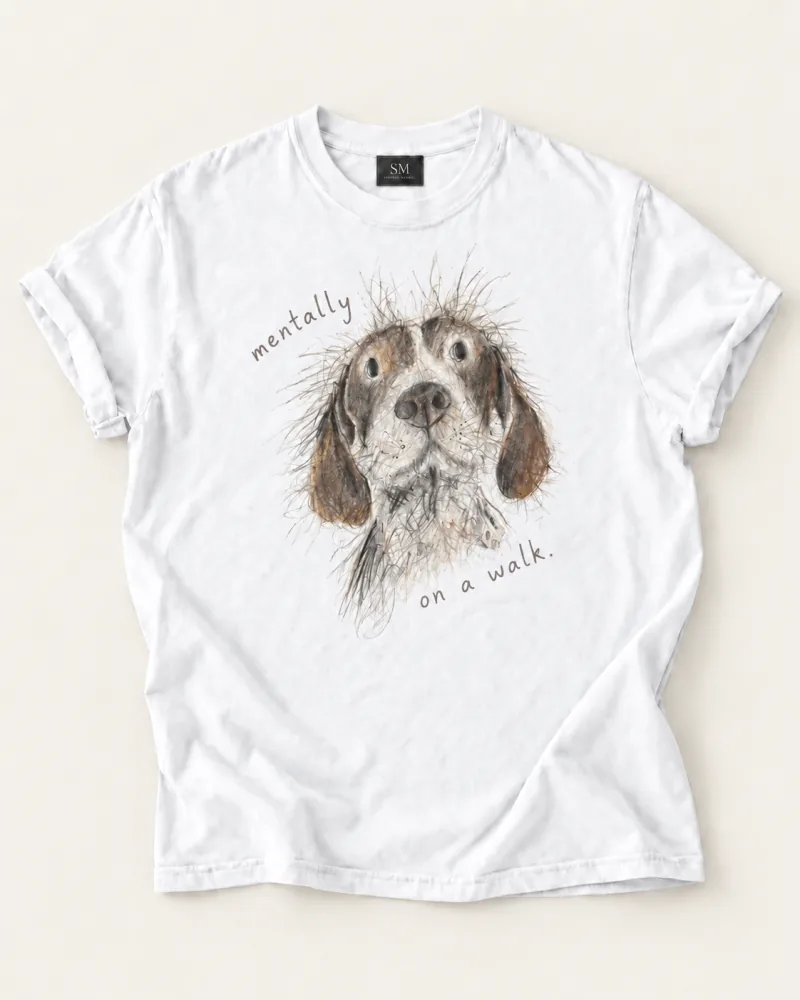 Complete front view of Mentally On a Walk Dog T-Shirt
