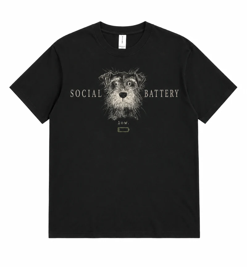 Complete front view of Social Battery Low Dog T-Shirt