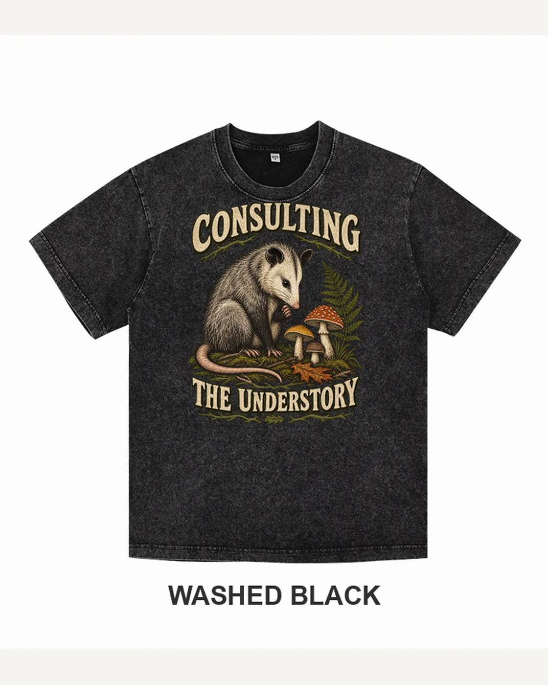 Consulting the Understory Mushroom Opossum T-shirt