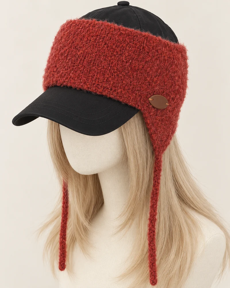 Close-up of rust textured knit ear warmer headband over a black cap